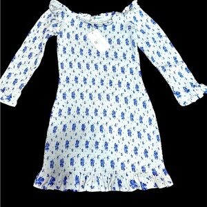 Caroline Constas TILLY Blue and White XL Mini Dress Long Soeeve Off Shoulder NWT
